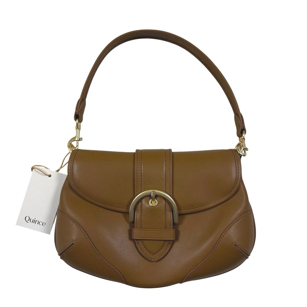 Quince Italian Leather Buckle Detail Shoulder Bag Cognac Brown Minimalist NWT